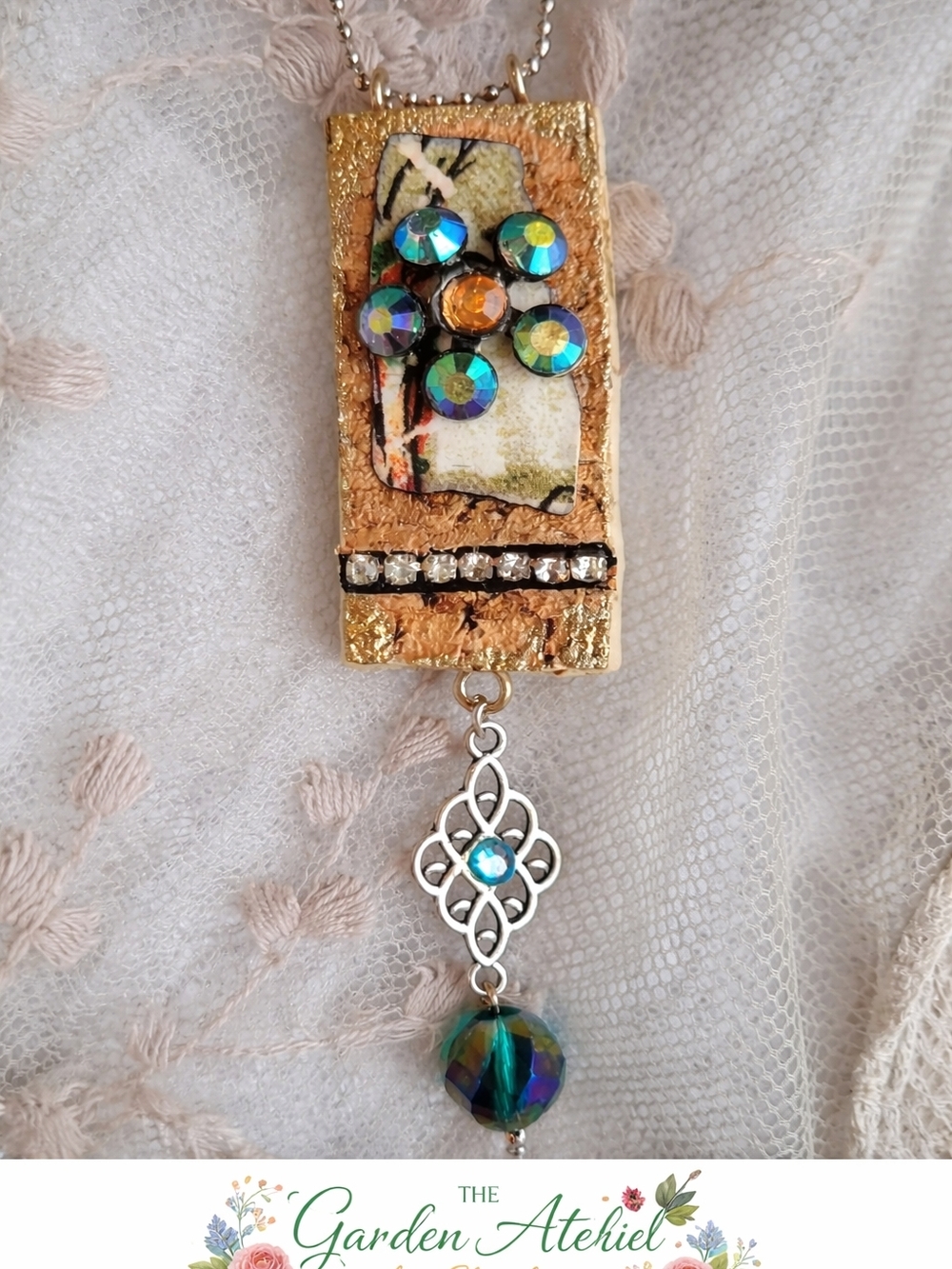 Wine Cork Rectangle Necklace with Vintage Rhinestones & Swarovski Crystal